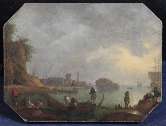 18th century Italian School Figures in a coastal landscape 12 x 16in., unframed